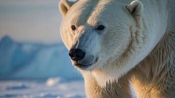 ai gegenereerd majestueus polair wit beer staand Aan een bevroren arctisch landschap foto
