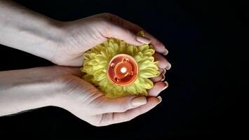 viering van de religieus Indisch festival van divali. geel bloemen in vrouw handen met brandend holi kaarsen Bij Hindi festival detailopname, geïsoleerd, zwart achtergrond foto