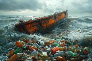 ai gegenereerd verlaten schip in de zee tussen plastic afval. milieu vervuiling. ecologisch probleem. foto