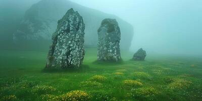 ai gegenereerd oude megalithisch stenen Aan een mistig ochtend- Aan een weide in berg vallei foto
