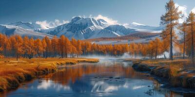 ai gegenereerd herfst landschap van vallei met rivier- en geothermisch veren foto