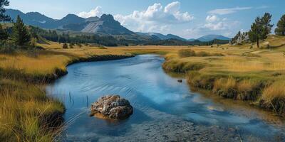 ai gegenereerd mooi berg landschap met kalmte rivier- Aan de voorgrond foto