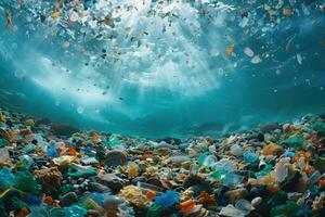 ai gegenereerd onderwater- visie van plastic uitschot in kust- zee water foto