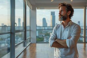 ai gegenereerd portret van knap volwassen zakenman staand met armen gekruiste in nieuw leeg modern kantoor foto