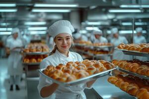 ai gegenereerd jong professioneel vrouw bakker Holding dienblad met broodjes in groot modern bakkerij foto