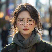 ai gegenereerd portret van jong mooi Japans vrouw in bril Aan bezig stad straat foto