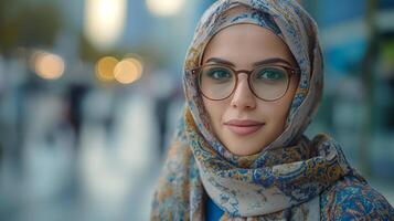 ai gegenereerd mooi jong moslim vrouw vervelend bril en hijab foto