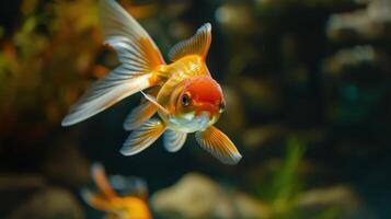 ai gegenereerd dichtbij omhoog van goudvis in aquarium foto