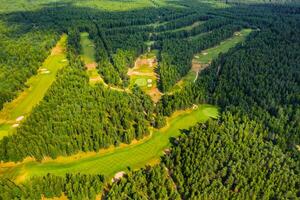 top visie van de golf Cursus gelegen in een bebost Oppervlakte foto