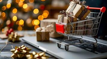 ai gegenereerd boodschappen doen kar Aan laptop met Kerstmis lichten foto