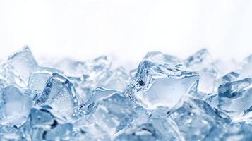 ai gegenereerd kristal Doorzichtig ijs kubussen opgestapeld omhoog met een koel blauw tint achtergrond foto