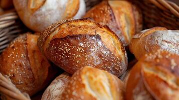 ai gegenereerd ambachtelijk brood broden met sesam zaden en tarwe oren Aan houten bord foto