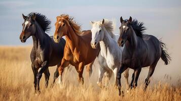 ai gegenereerd majestueus paarden rennen vrij in gouden veld- platteland ruiter schoonheid foto