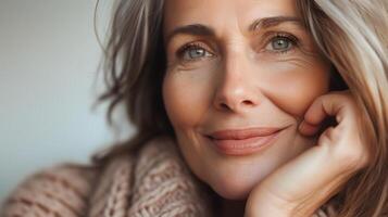 ai gegenereerd detailopname portret van een glimlachen volwassen vrouw met grijs haar- en blauw ogen foto
