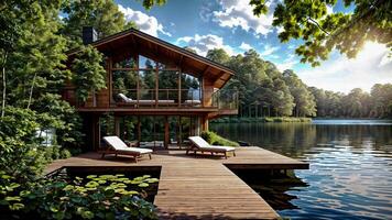 ai gegenereerd modern houten meer huis met sereen meer visie en panoramisch natuur met weelderig groen foto