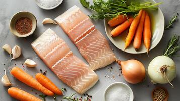 ai gegenereerd een selectie van rauw ingrediënten voor maken gefilte vis, inclusief vis filets, uien, en wortels, geïsoleerd Aan een helling achtergrond foto
