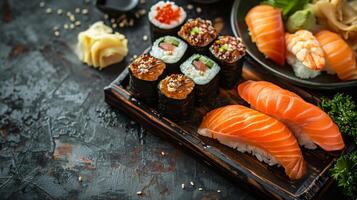 ai gegenereerd geassorteerd vers sushi en sashimi selectie met Zalm en garnaal, gegarneerd met wasabi en gember, Aan een donker getextureerde achtergrond, Japans keuken concept foto