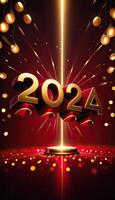 ai gegenereerd gouden cijfers 2024 Aan donker rood achtergrond met bokeh lichten, feestelijk atmosfeer, ideaal voor nieuw jaar evenement promoties foto