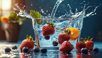 ai gegenereerd bessen in water plons. aardbeien, sinaasappelen, bosbessen in glas van met fruit doordrenkt water. foto