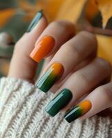 ai gegenereerd vrouw hand- met lang nagels en helder groen manicure met flessen van nagel Pools foto