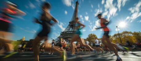 ai gegenereerd energiek marathon lopers, eiffel toren backdrop foto