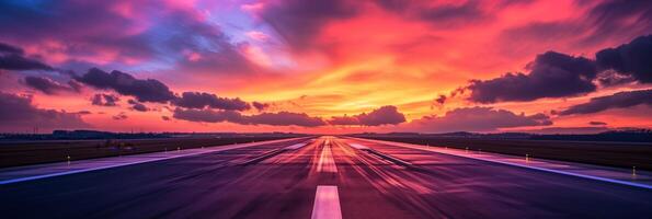 ai gegenereerd dramatisch zonsondergang lucht over- luchthaven landingsbaan met levendig roze en oranje wolken, ideaal voor reizen concepten met kopiëren ruimte voor tekst foto