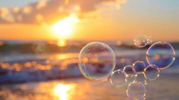 ai gegenereerd iriserend zeep bubbels drijvend bovenstaand een rustig strand Bij zonsondergang, met warm kleuren en zacht focus voor een dromerig, sereen achtergrond of concept beelden foto