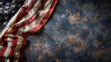 ai gegenereerd wijnoogst Amerikaans vlag gedrapeerd elegant Aan een getextureerde donker achtergrond, geschikt voor vierde van juli of gedenkteken dag eerbetoon, overbrengen patriottisme en nationaal trots foto