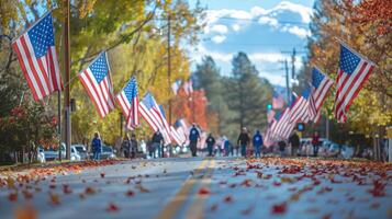 ai gegenereerd Amerikaans vlaggen voering een buitenwijk straat met herfst bladeren verspreide Aan de weg, mogelijk gedurende een patriottisch vakantie, met wazig individuen in de achtergrond foto