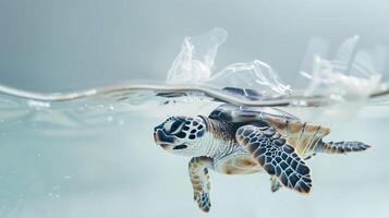 ai gegenereerd jeugdig zee schildpad zwemmen met plastic verontreiniging in een Doorzichtig blauw oceaan, markeren milieu behoud en marinier leven bescherming concept foto