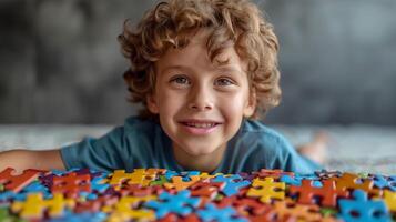 ai gegenereerd vrolijk Kaukasisch jongen met gekruld haar- glimlachen bovenstaand kleurrijk puzzel stukken, concept van kinderjaren Speel en ontwikkeling foto