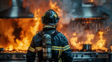 ai gegenereerd terug visie van een brandweerman in vol uitrusting aan het kijken een woest vuur, concept van moed, noodgeval antwoord, en brand veiligheid foto