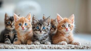 ai gegenereerd groep van aanbiddelijk kittens met opvallend blauw ogen zittend Aan een tapijt, perfect voor huisdier zorg en dier genegenheid concepten foto