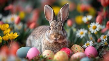 ai gegenereerd dichtbij omhoog van een bruin konijn met kleurrijk Pasen eieren temidden van voorjaar bloemen, symboliseert Pasen vakantie vieringen foto