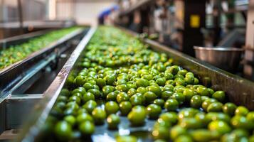 ai gegenereerd industrieel transportband riem in een fabriek het wassen en sorteren vers groen tomaten, met een wazig arbeider in de achtergrond, beeltenis agrarisch verwerken en voedsel industrie concepten foto