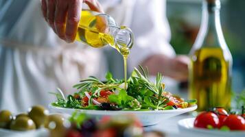 ai gegenereerd chef motregen olijf- olie over- vers middellandse Zee salade, markeren gezond aan het eten en culinaire concepten foto