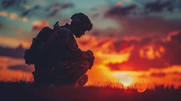 ai gegenereerd aftekenen soldaat in uniform zittend peinzend in een veld- Bij zonsondergang, mogelijk verwant naar thema's van veteranen dag of gedenkteken dag, oproepen tot reflectie en leger onderhoud foto
