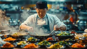 ai gegenereerd Aziatisch chef intens Koken met een wok in een reclame keuken, omringd door een rangschikking van levendig borden, vastleggen de essence van culinaire expertise en bruisend restaurant atmosfeer foto