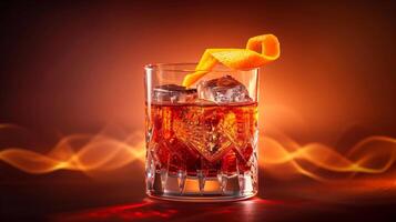 ai gegenereerd een kristal Doorzichtig glas gevulde met een verfrissend negroni cocktail gegarneerd met een twist van oranje Pel, geïsoleerd Aan een helling achtergrond foto