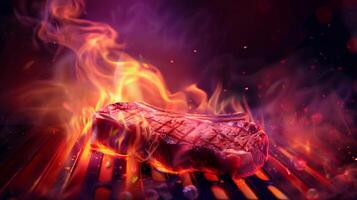 ai gegenereerd sappig steak sissend Aan een Amerikaans stijl barbecue rooster met levendig vlammen en rook geïsoleerd Aan een helling achtergrond foto