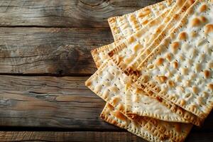 ai gegenereerd matzah brood Aan een wijnoogst houten tafel, traditioneel Joods Pascha gerecht, achtergrond met leeg ruimte voor tekst foto