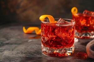 ai gegenereerd negroni cocktail geserveerd in elegant glaswerk met oranje Pel garneer foto