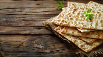 ai gegenereerd matzah brood Aan een wijnoogst houten tafel, traditioneel Joods Pascha gerecht, achtergrond met leeg ruimte voor tekst foto