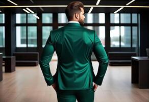 ai gegenereerd zelfverzekerd Kaukasisch zakenman in een elegant groen pak staand in een modern kantoor instelling, perfect voor zakelijke mode en st patricks dag thema's foto