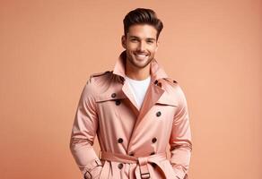 ai gegenereerd knap glimlachen Kaukasisch Mens vervelend een elegant roze loopgraaf jas tegen een beige achtergrond, ideaal voor mode en herfst kleding concepten foto