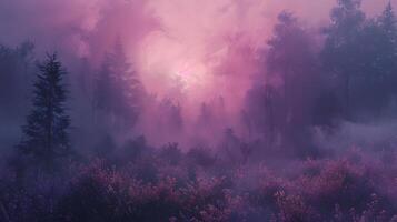 ai gegenereerd zonlicht doordringend door mist in de bossen creëert een paarskleurig atmosfeer foto