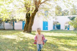 weinig meisje met een zacht speelgoed- in haar hand- wandelingen in een groen tuin foto