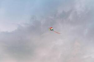 veelkleurig vlieger stijgt in de bewolkt lucht foto