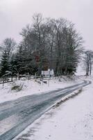 ijzig weg in een besneeuwd dorp in de Woud foto