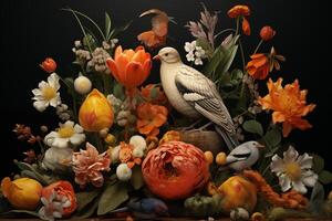 ai gegenereerd groot verzameling van bloemen, bladeren, vogels, konijn en voorjaar symbolen foto